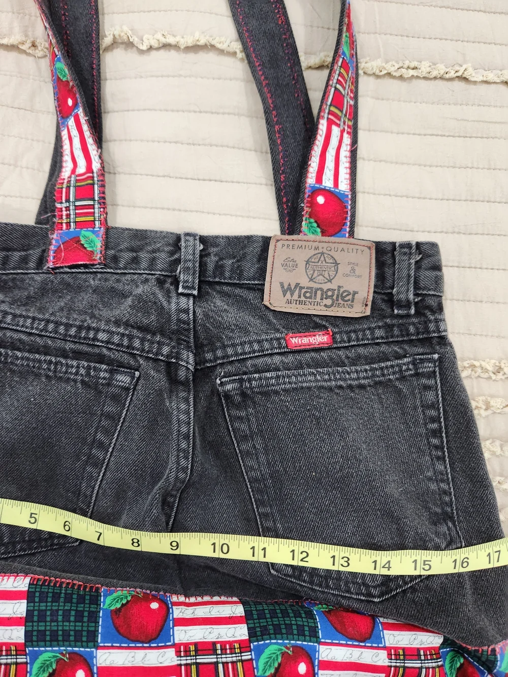 Black Denim Tote Bag with Red Apple Patch Details One Of A Kind